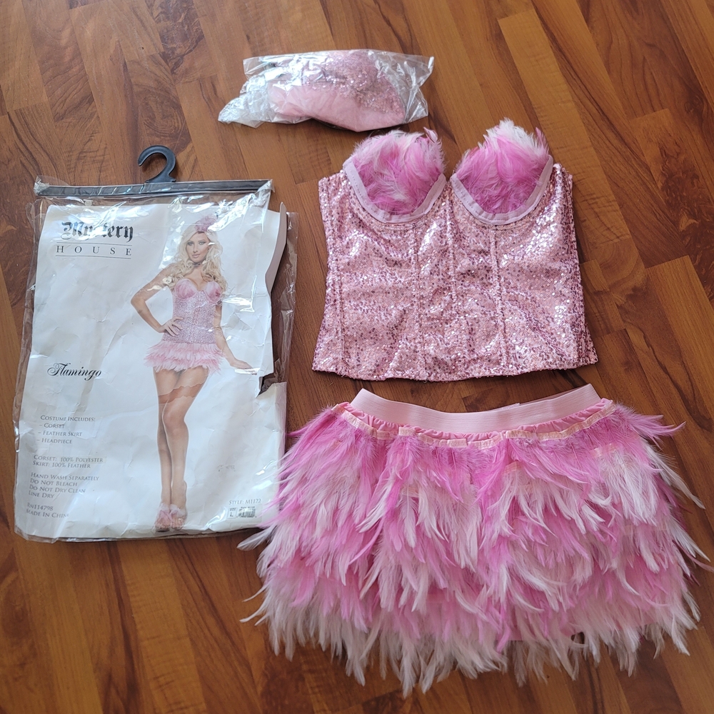 Rare Sexy Pink Sequin and Feather Flamingo Costume Set HALLOWEEN SIZE L
